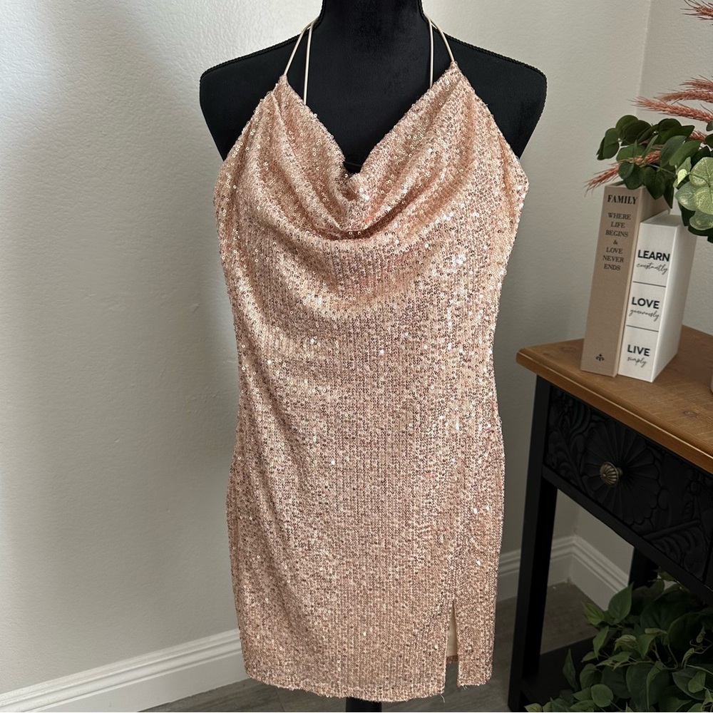 Windsor Shimmering Champagne Sequin Mini Cocktail Dress, Stretchable, Fitted